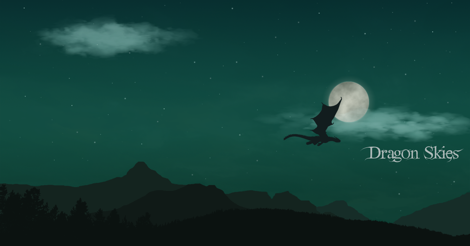 Dragon flying across an emerald colored night sky